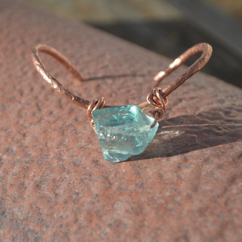 Natural Blue Sea Glass Copper Cuff Bracelet Boho Handmade wire wrapped Gift OOAK - Picture 6 of 8